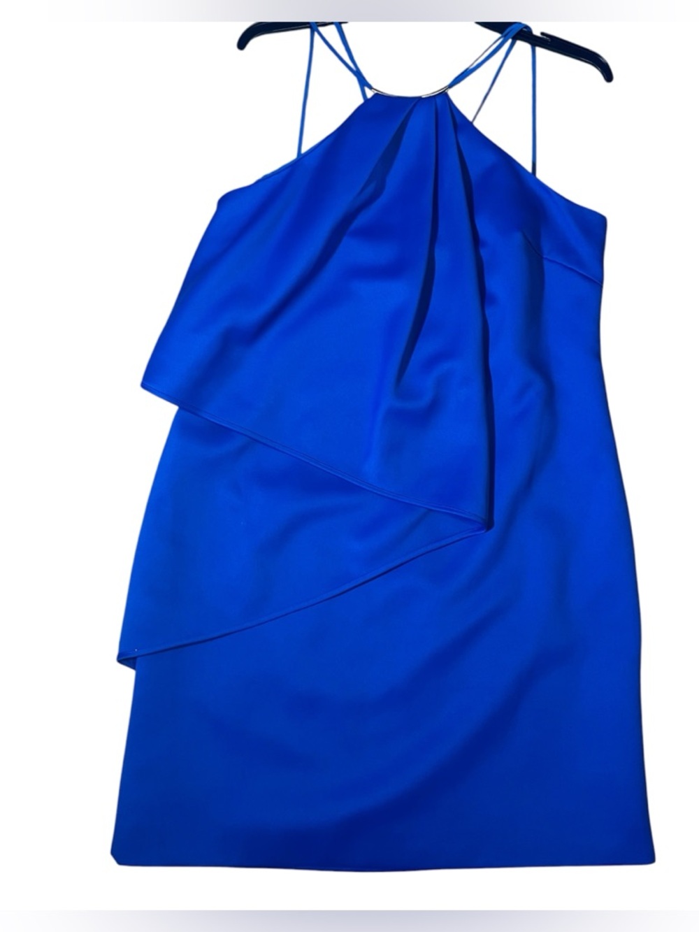 Vibrant Cobalt Blue Strappy
Halter Cocktail Dress with
Tiered Overlays